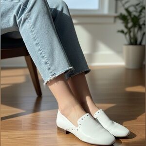 LORD & TAYLOR Bellah Genuine Pebbled Leather Ivory White Studded Loafers US Sz 9